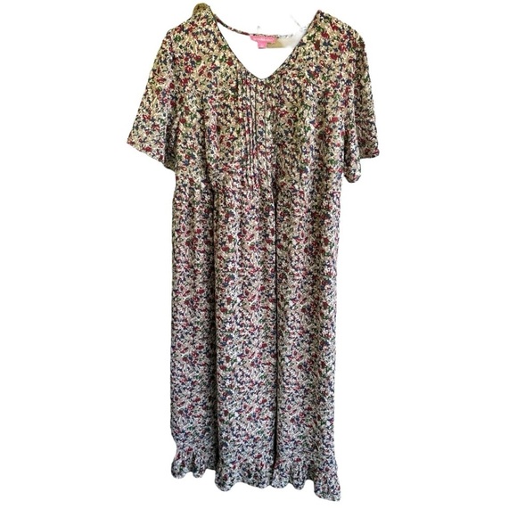 Woman Within Beige Floral Midi Dress Size 18W Short Sleeve V Neck Ruffle Hem - Picture 5 of 5